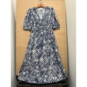 Sofia Jeans by Sofia Vergara Navy White Abstract Print Puff Sleeve Midi Dress XS